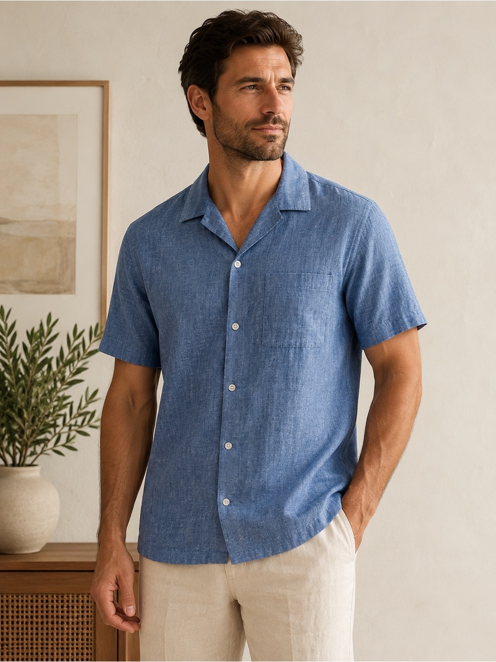 GAP Short-Sleeve Linen-Blend Button-Up in Heathered Blue